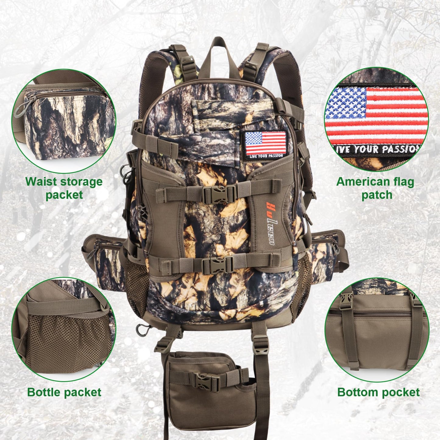 YVLEEN Hunting Backpack, Waterproof Camo Hunting Packs for Men, Durable Large Capacity Hunting Day Pack for Rifle Bow Gun