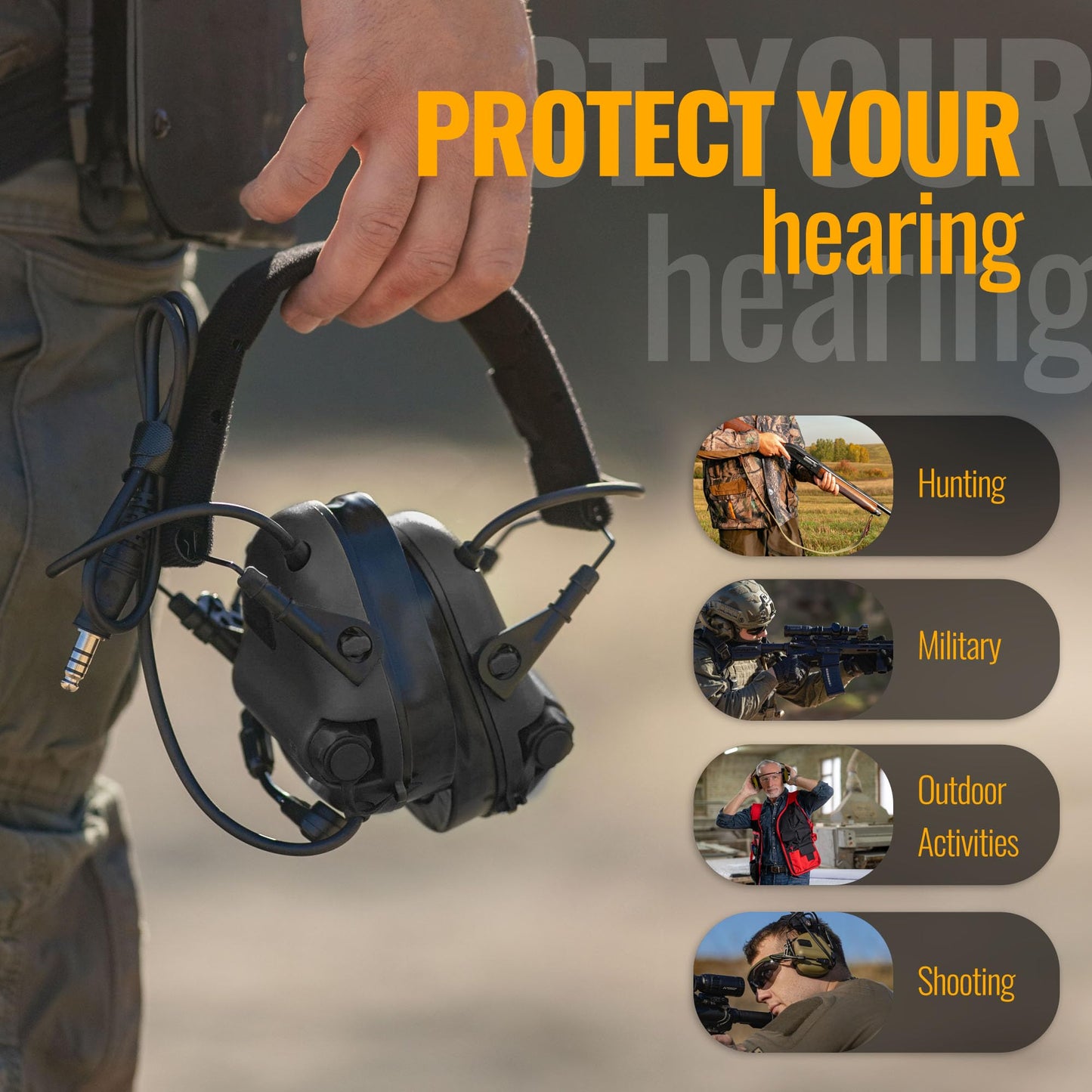 EARMOR M32 PLUS 2024 Version Tactical Headset Hunting & Shooting Earmuffs with Microphone, Sound Amplification, Nato TP120 Jacket, Black