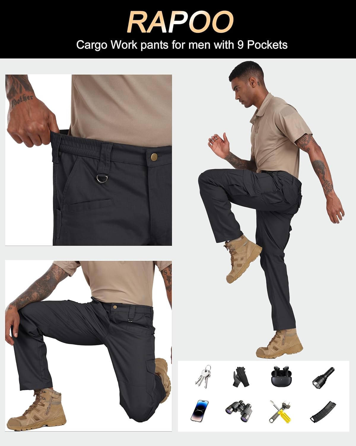 Rapoo Tactical Cargo Pants for Men - Water Resistant EDC Hiking Pants with 9 Pockets | Military Style