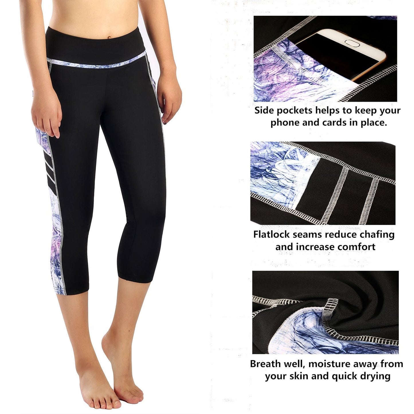 Neonysweets Women's Capri Workout Leggings with Pocket Running Yoga Pants Black/Printed M