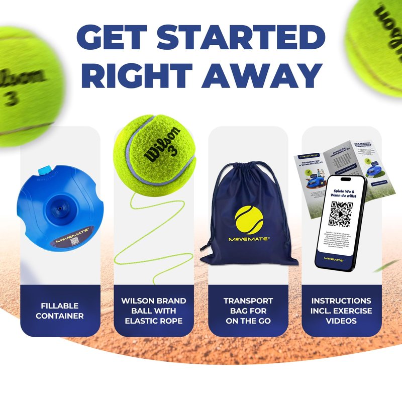 MOVEMATE Tennis-Trainer Set with Wilson® Tennis Ball | Innovative Ball Game for Outdoors, in The Garden, in The Park for Children & Adults | Incl. Transport Bag & Exercise Videos