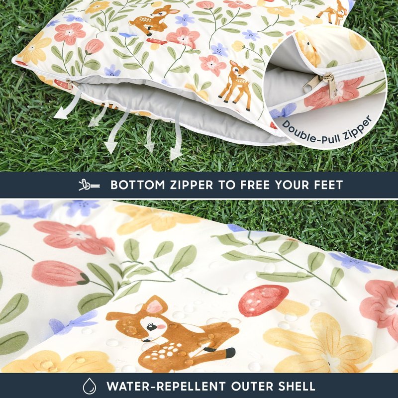 Wake In Cloud - Kids Sleeping Bag for Girls Toddlers, Camping in Warm Cold Weather, Backpacking Lightweight Compact Outdoor Liner for 3 Seasons, Deer Floral Garden, Cream