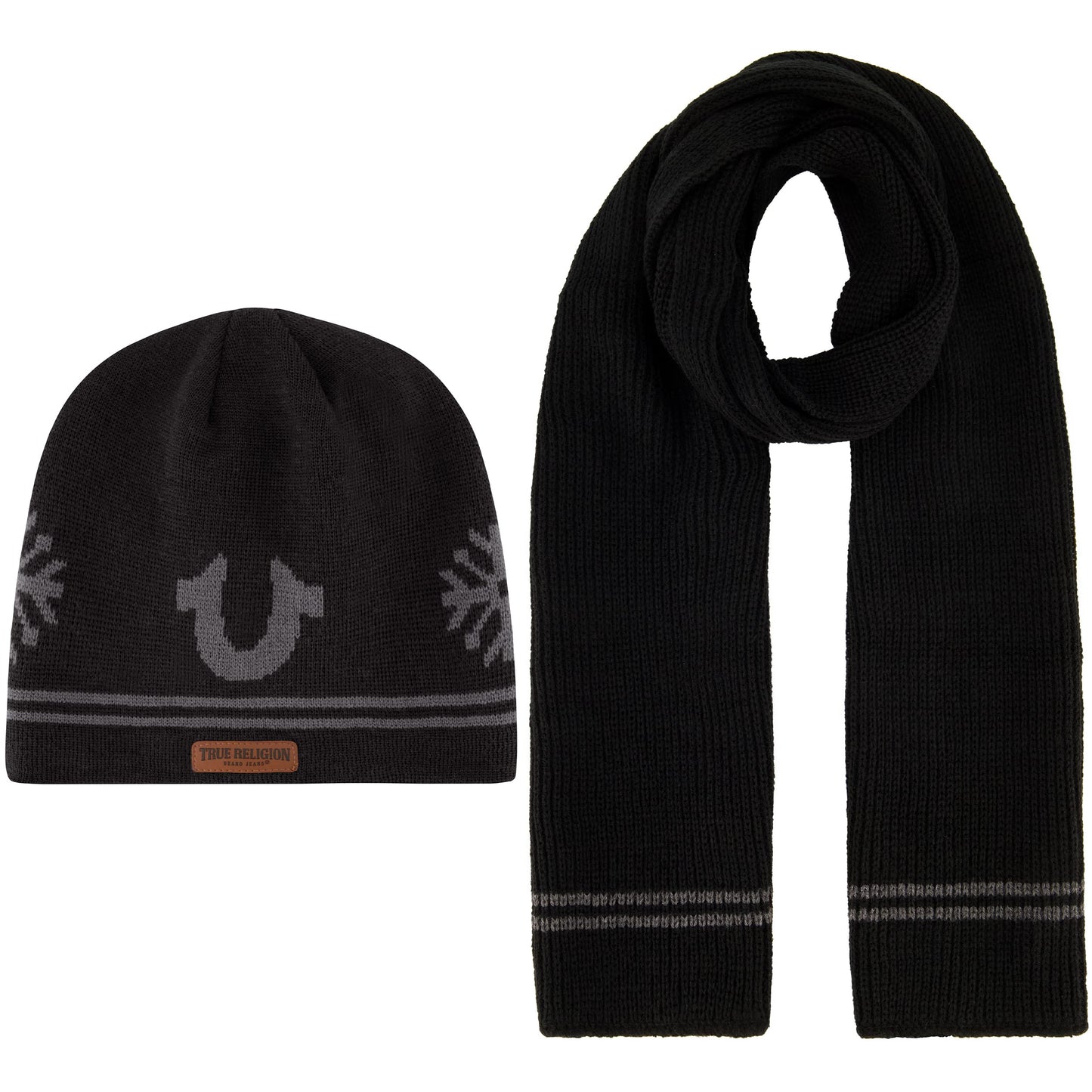 True Religion Beanie Hat and Scarf Set, Ribbed Long Winter Knit Cap and Scarf with End Stripes, Black, One Size