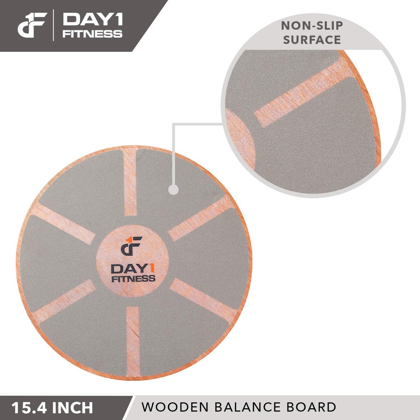 Day 1 Fitness Balance Board, 15.4” – GRAY - 360° Rotation, for Balance, Coordination, Posture - Large, Wooden Wobble Boards with 15° Tilting Angle for Workouts - Premium Core Trainer Equipment