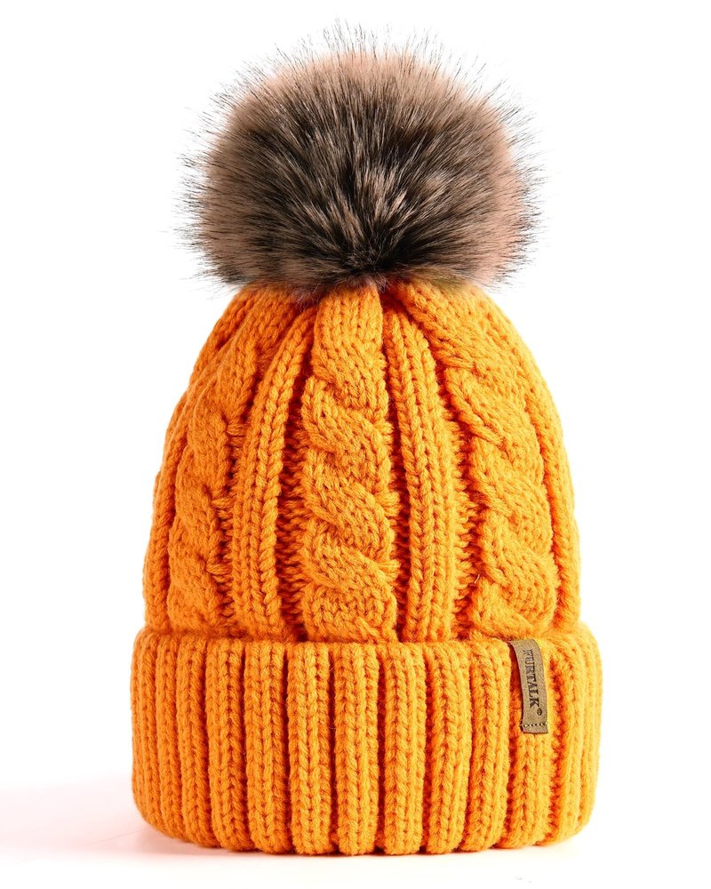 FURTALK Winter Beanie Knit Hat for Women Warm Fleece Lined with Faux Fur Pom Poms Womens Thick Ski Hats Knitted Skull Cap Orange