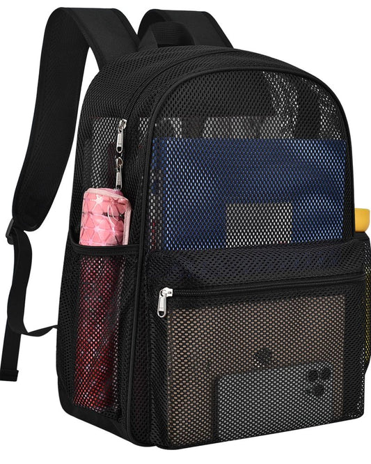Paxiland Mesh Backpack Lightweight See Through College Student Backpack for Commuting Swimming Travel Beach Outdoor Sports - Black