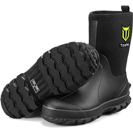 TIDEWE Rubber Boots for Men, 5.5mm Neoprene Insulated Rain Boots with Steel Shank, Waterproof Mid Calf Hunting Boots, Sturdy Rubber Work Boots for Farming Gardening Fishing (Black Size 6)