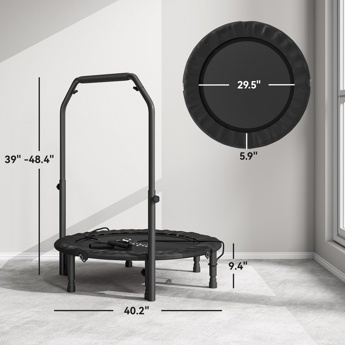 Soozier 40" Foldable Mini Trampoline, Rebounder Trampoline for Adults with Adjustable Foam Handle and Resistance Bands, Fitness Rebounder for Indoor Outdoor Workout, Max Load 330 lbs, Black