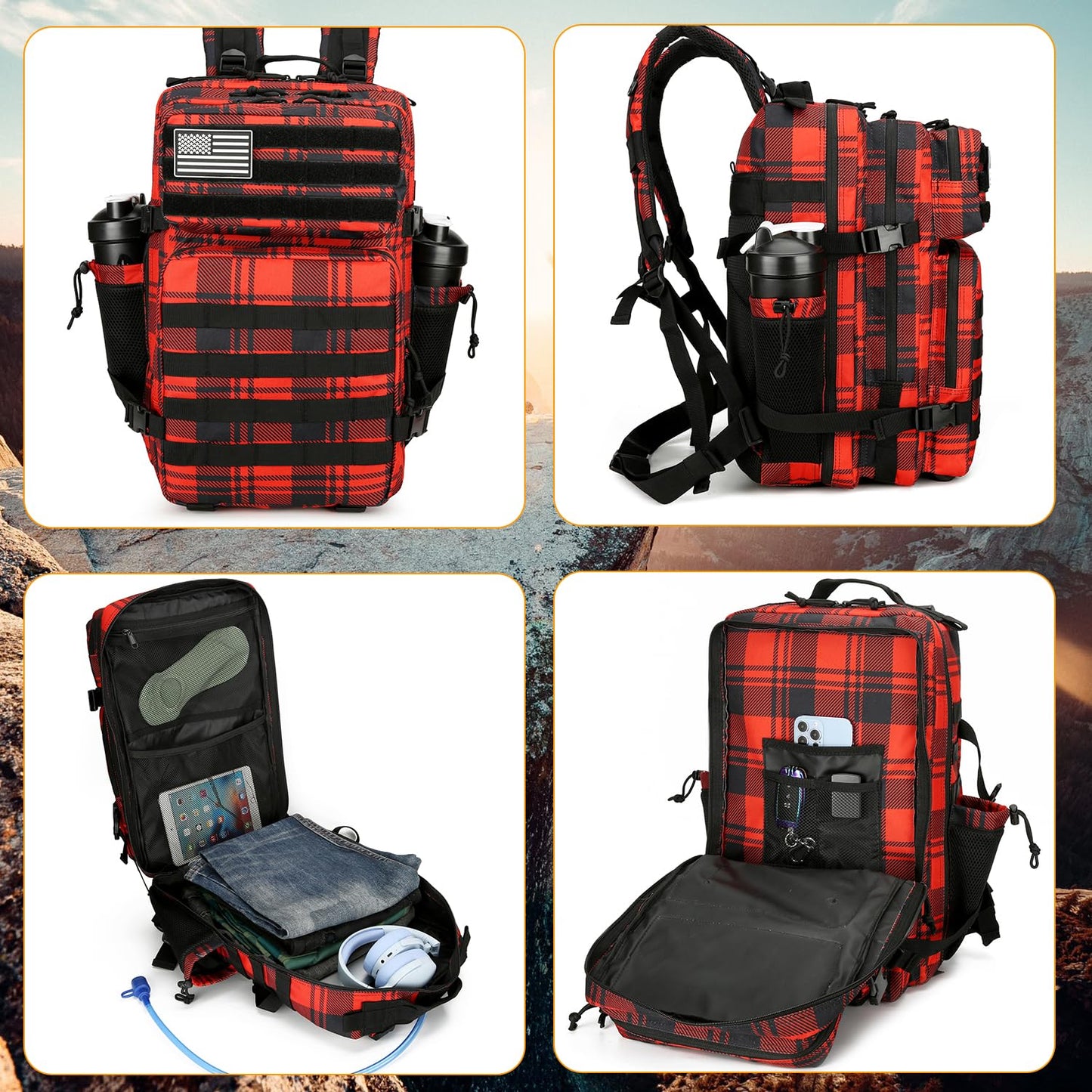 Lovelinks21 25L Tactical Backpack for Men and Women Military Backpack Small Assault Pack Molle Backpack Bug Out Bag Travel Rucksack Daypack (Red Plaid)