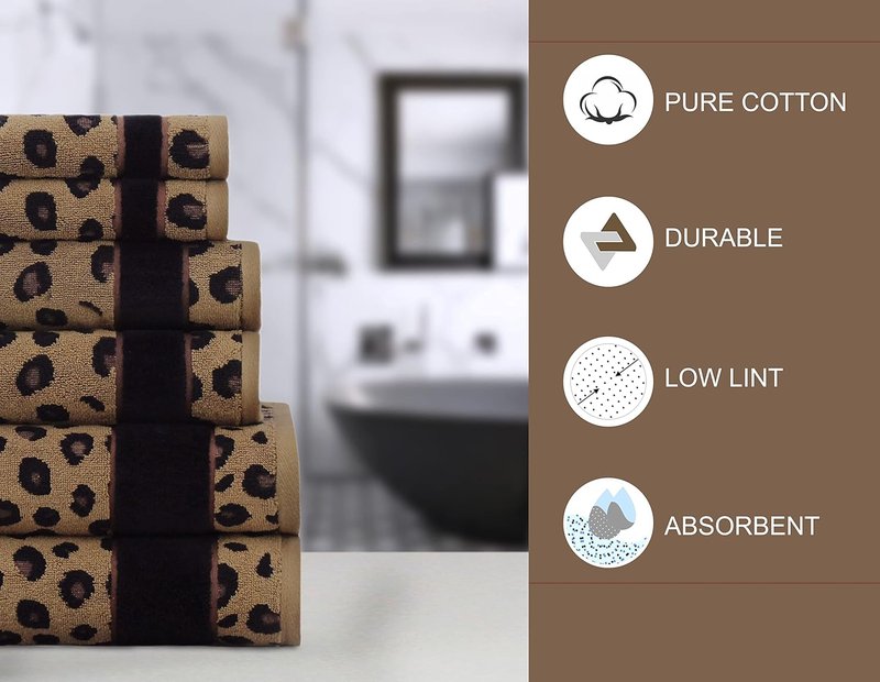 Cotton Craft 6-Piece Animal Print Towel Set | Soft 100% Cotton Jacquard Bath & Hand Towels
