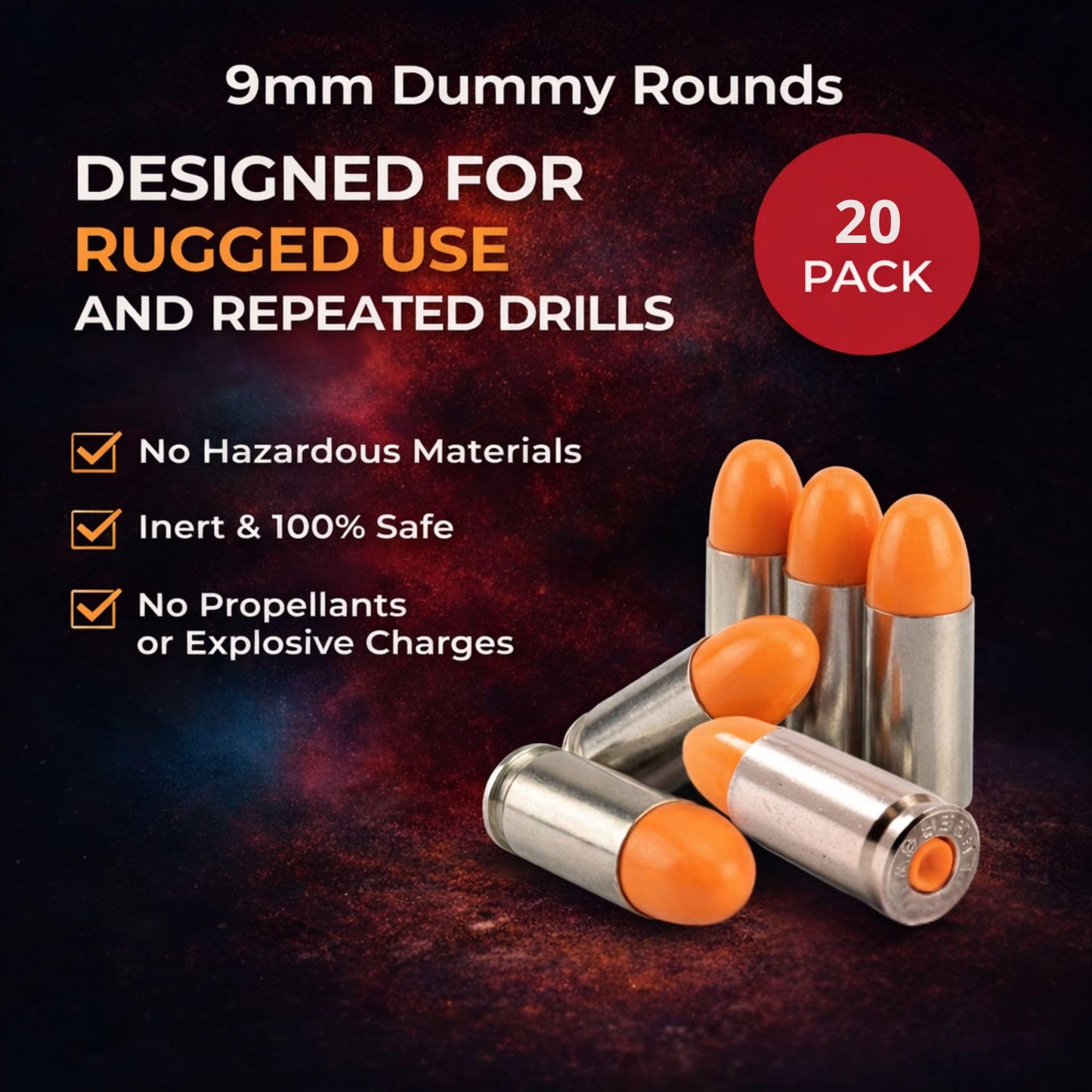 S.T. Action Pro 9mm Snap Caps - 20-Pack Inert Dummy Rounds for Dry Fire, Reloading & Malfunction Drills, Nickel Casing, Orange UV Insert, Veteran-Owned, Assembled in USA