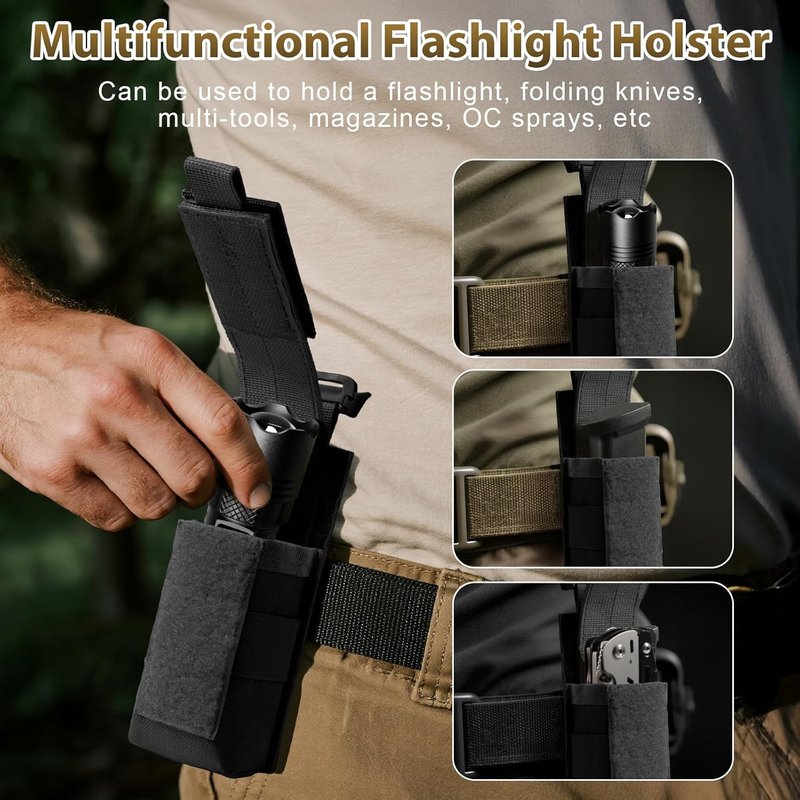 Tactical Flashlight Holster - Adjustable Molle Pouch for Duty Belt or Backpack | Includes USA Flag Patch