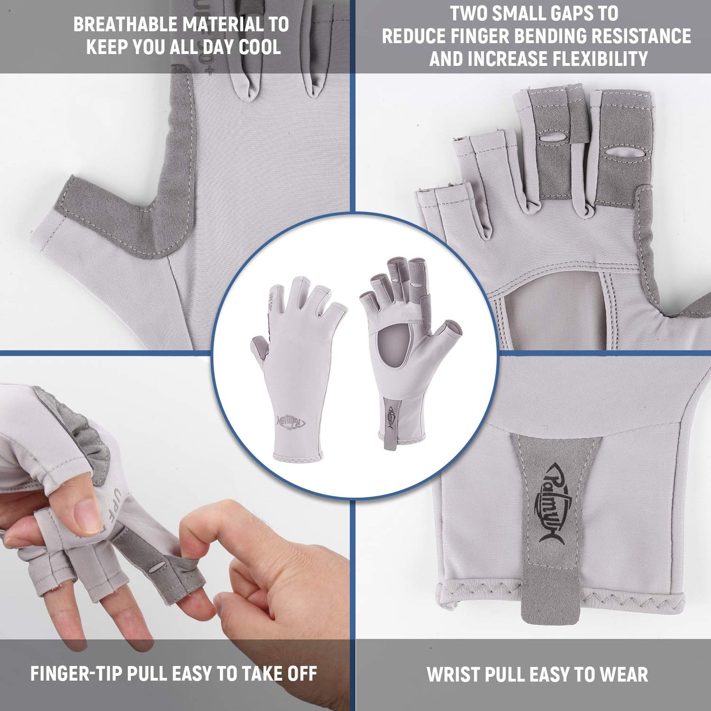 Palmyth UV Protection Fishing Fingerless Gloves UPF50+ Sun Gloves Men Women for Kayaking, Hiking, Paddling, Driving, Canoeing, Rowing (Air Light Gray, Large)