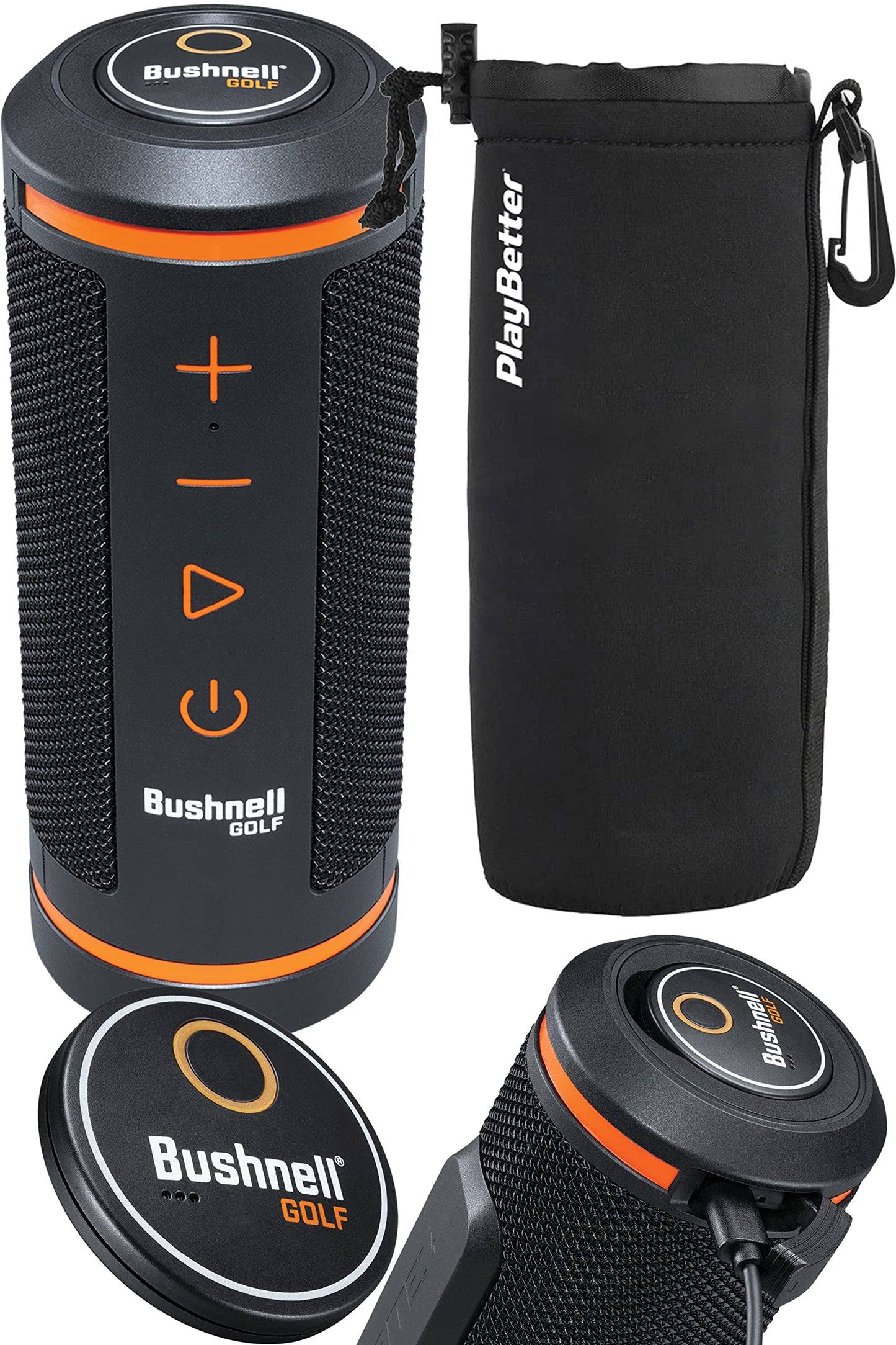 Bushnell Wingman GPS Golf Speaker Bundle - Music & Audible Distances Bluetooth Speaker for Golf Cart - Score Tracking, 3D Flyovers & 36,000+ Courses - includes PlayBetter Protective Neoprene Pouch