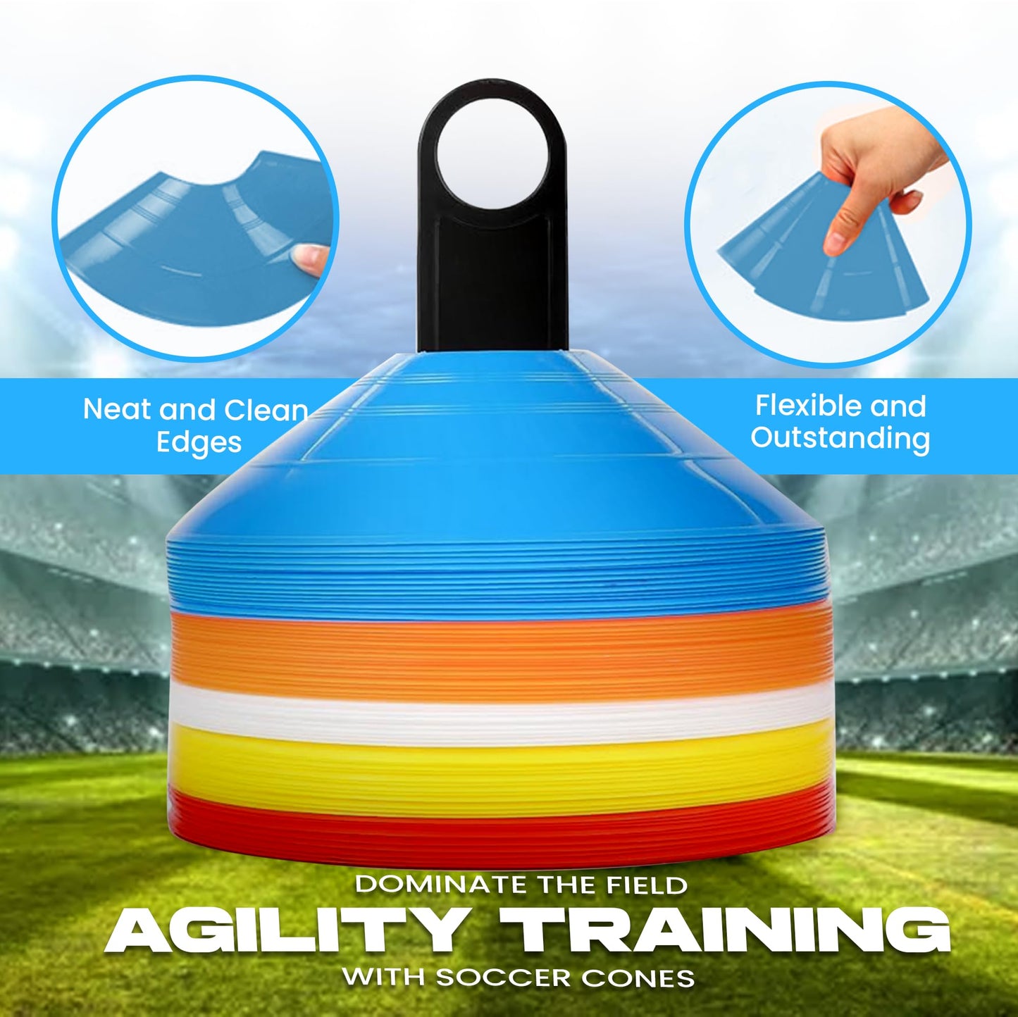 GameDay Fitness Soccer Disc Cones – Set of 50 Agility Field Cones with Mesh Carry Bag & Holder - Durable Sports Training Equipment for Football, Basketball, Coaching, Practice Drills (Y/R/O/B/W)