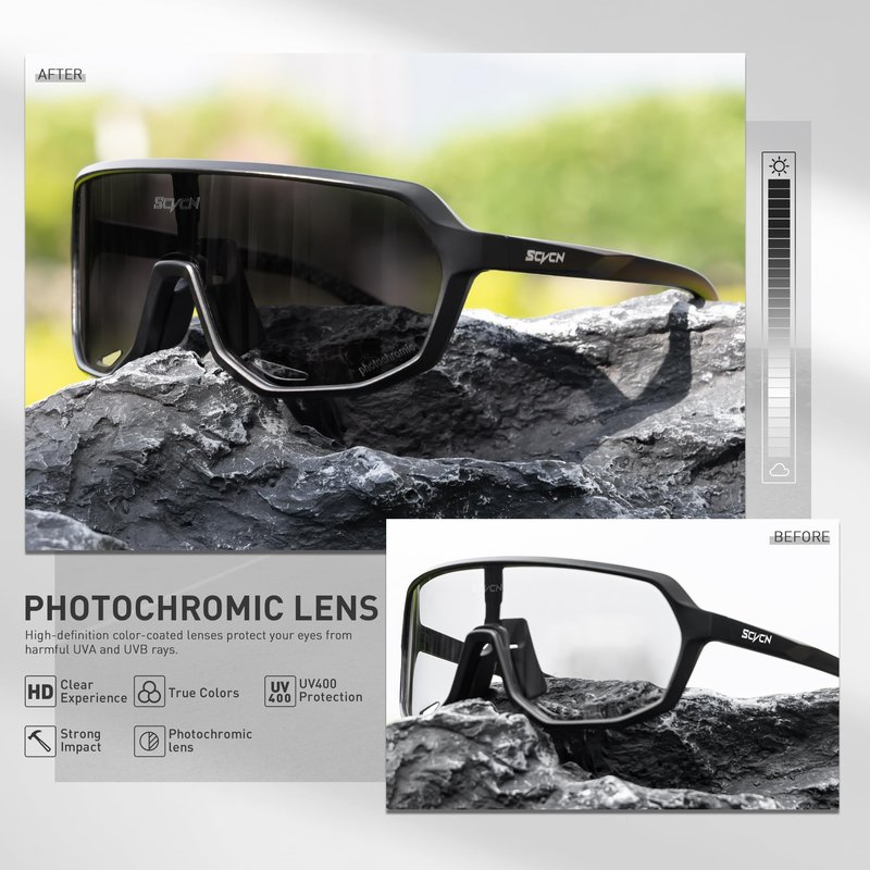 SCVCN Photochromic Cycling Glasses Men Women Clear Sports Sunglasses UV400 Protection for Cycling Running Baseball mtb Driving mountain bike Golf and other outdoor sports 501