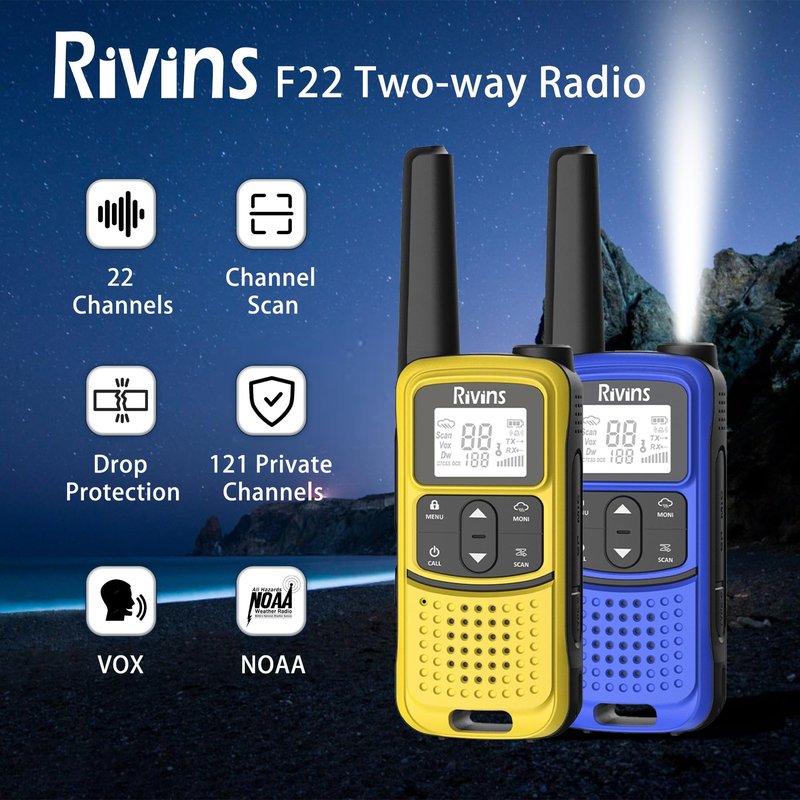 Radios Walkie Talkies Long Range: Rivins F22 Rechargeable Walkie Talkies for Adults, NOAA, 1400mAh Li-ion Battery USB-C Cable, LED Flashlight, VOX FRS Two Way Radio for Hiking Camping,6 Pack