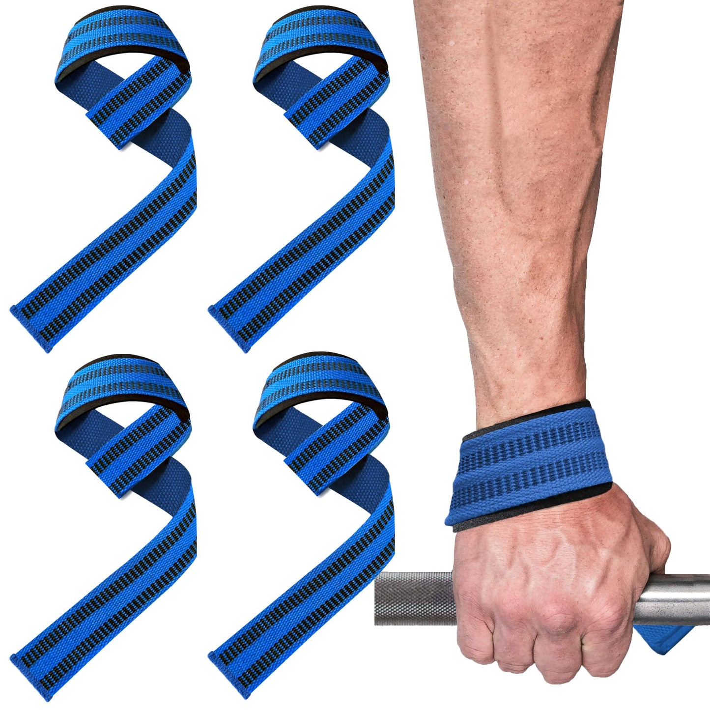 4 Pack Lifting Wrist Straps for Weightlifting, Lifting Straps for Gym Strength Training,Deadlifts,Workout, Men & Women Neoprene-padded Wrist Cushion Cotton Lift Straps with Anti-Skid Silicone -Blue