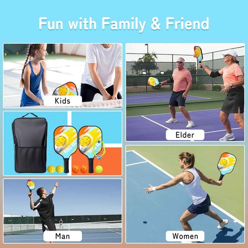 Pickleball Paddles Set of 2 with Bag & Trainer for Beginner, Lightweight Fiberglass Pickle Ball Rackets Honeycomb Core - Eye-Catch Pickle Cardio Equipment - 7.76oz