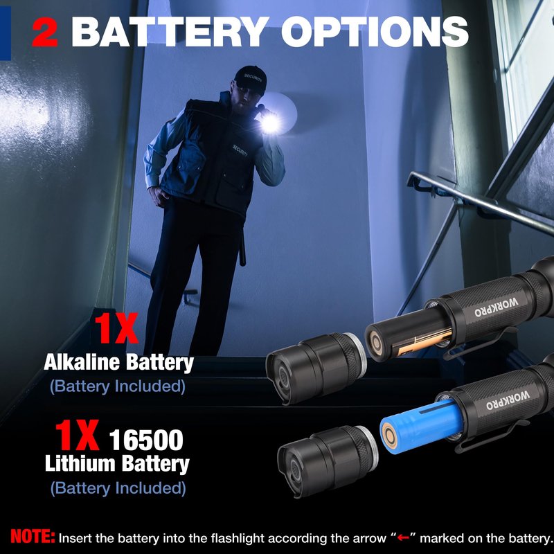 WORKPRO 1200LM Rechargeable Tactical Flashlight, EDC Mini Flashlight, Pocket Flashlight with Clip & Lanyard, 7 Light Modes, Zoomable Adjustable Focus, Includes Lithium Battery & Alkaline Battery