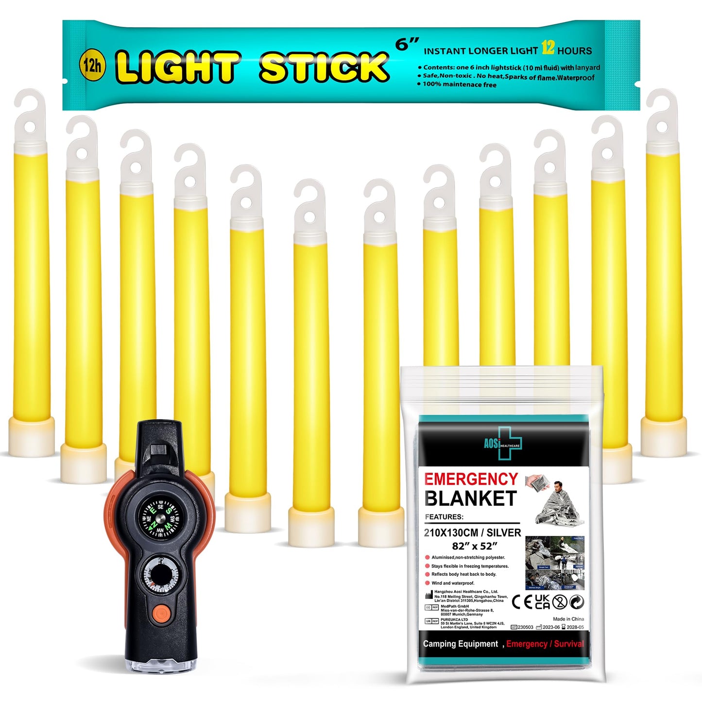 General Medi 12 Ultra Bright Glow Sticks + Bonus Emergency Blanket and Survival Whistle - Emergency Light Sticks for Camping, Hiking, Outdoor, Survival Kit and More - Lasts Over 12 Hours