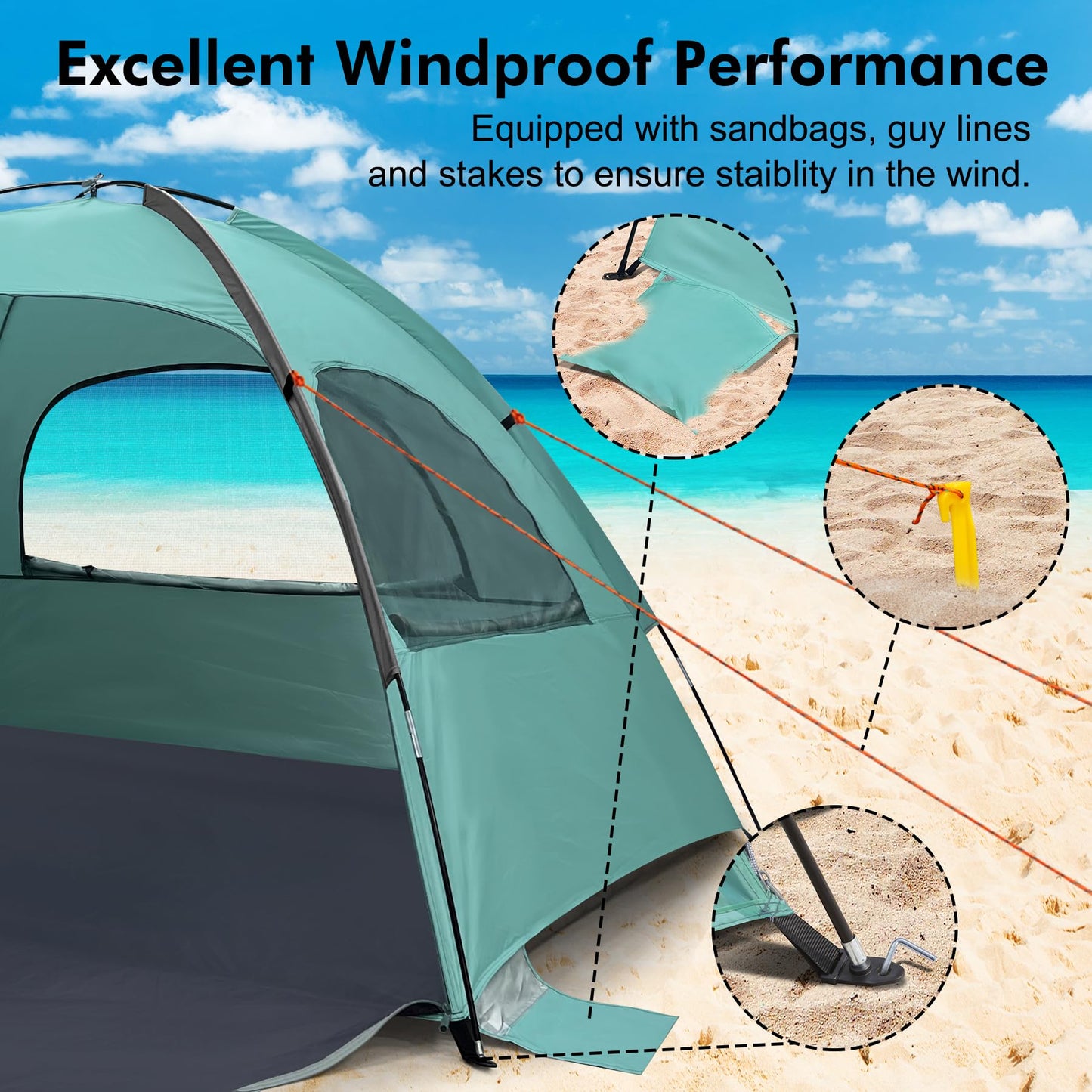 WhiteFang Beach Tent Anti-UV Portable Sun Shade Shelter for 3 Person, Extendable Floor with 3 Ventilating Mesh Windows Plus Carrying Bag, Stakes and Guy Lines (Beach Glass)