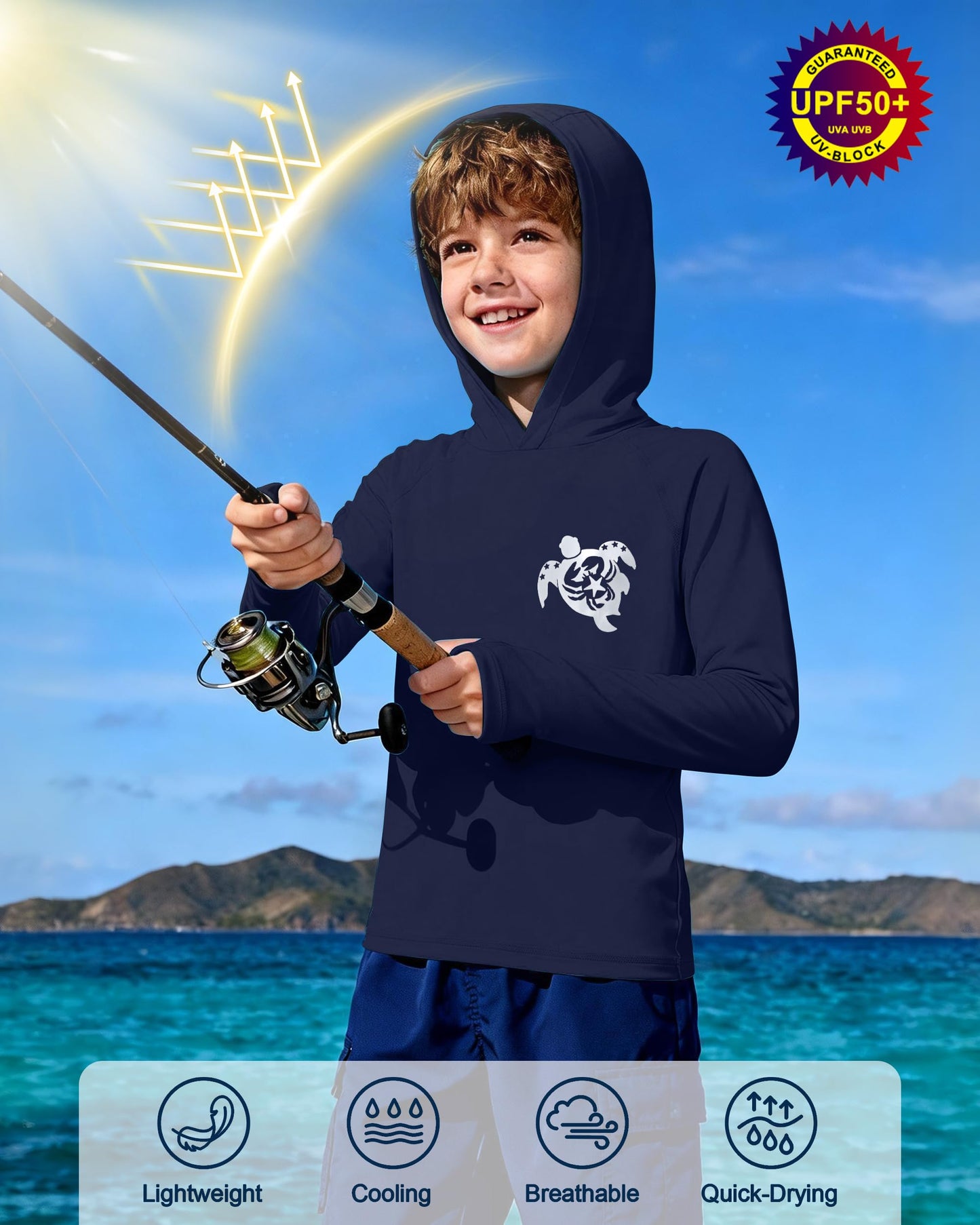 DRONIRING Boys Rash Guard Swim Hoodie, UPF 50+ UV Sun Protection Long Sleeve Fishing Shirt, Kids Youth SPF Water Shirts