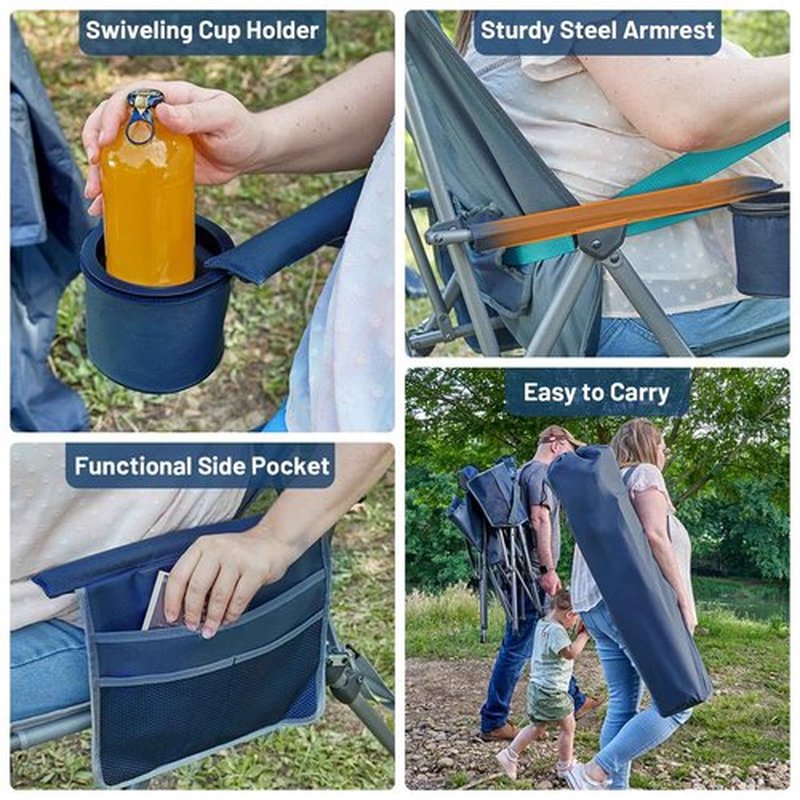 TIMBER RIDGE Oversized Camping Chair with Lumbar Support, Portable Folding Chair Heavy Duty for Adults Supports 450 LBS for Outdoor Camping, Lawn, with High Back, Cup Holder, Side Pocket - Blue