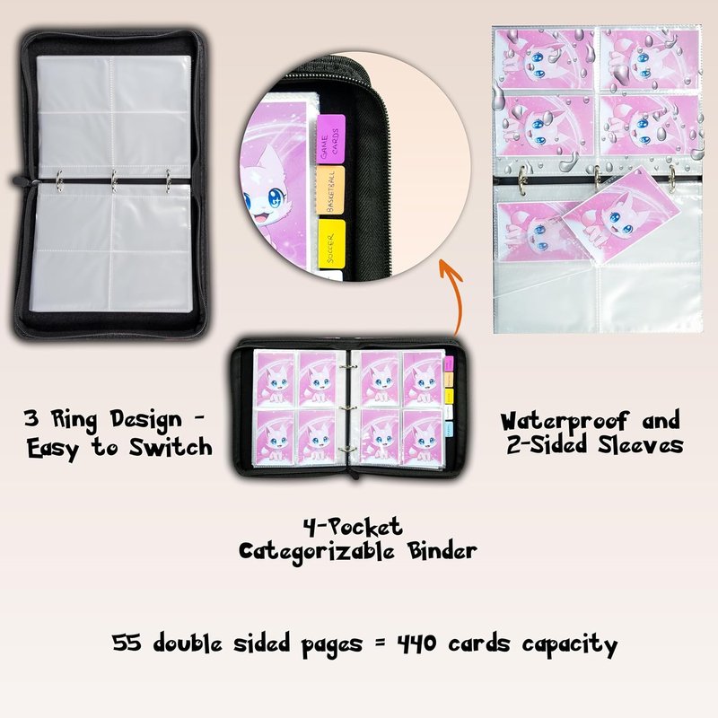Trading Card Binder - 4 Pocket Album for Girls | 440 Pockets, Pink, Includes Name Tag & Tab Stickers