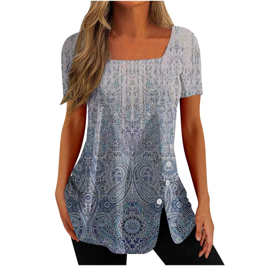 Generic Buy Again My Orders Square Neck Tops for Women Summer Vintage Aztec Geometric Graphic Tee Loose Casual Tshirt Short Sleeve Tunic Split Blouse for Leggings Western Shirt Ladies Gifts