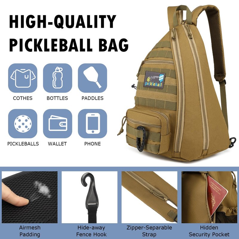 SunForMorning Pickleball Bag, Tactical Pickleball Backpack for Women Men, Adjustable Sling Bag with Fence Hook Water Bottle (Includes 2 Patches+1Carabiner), Brown