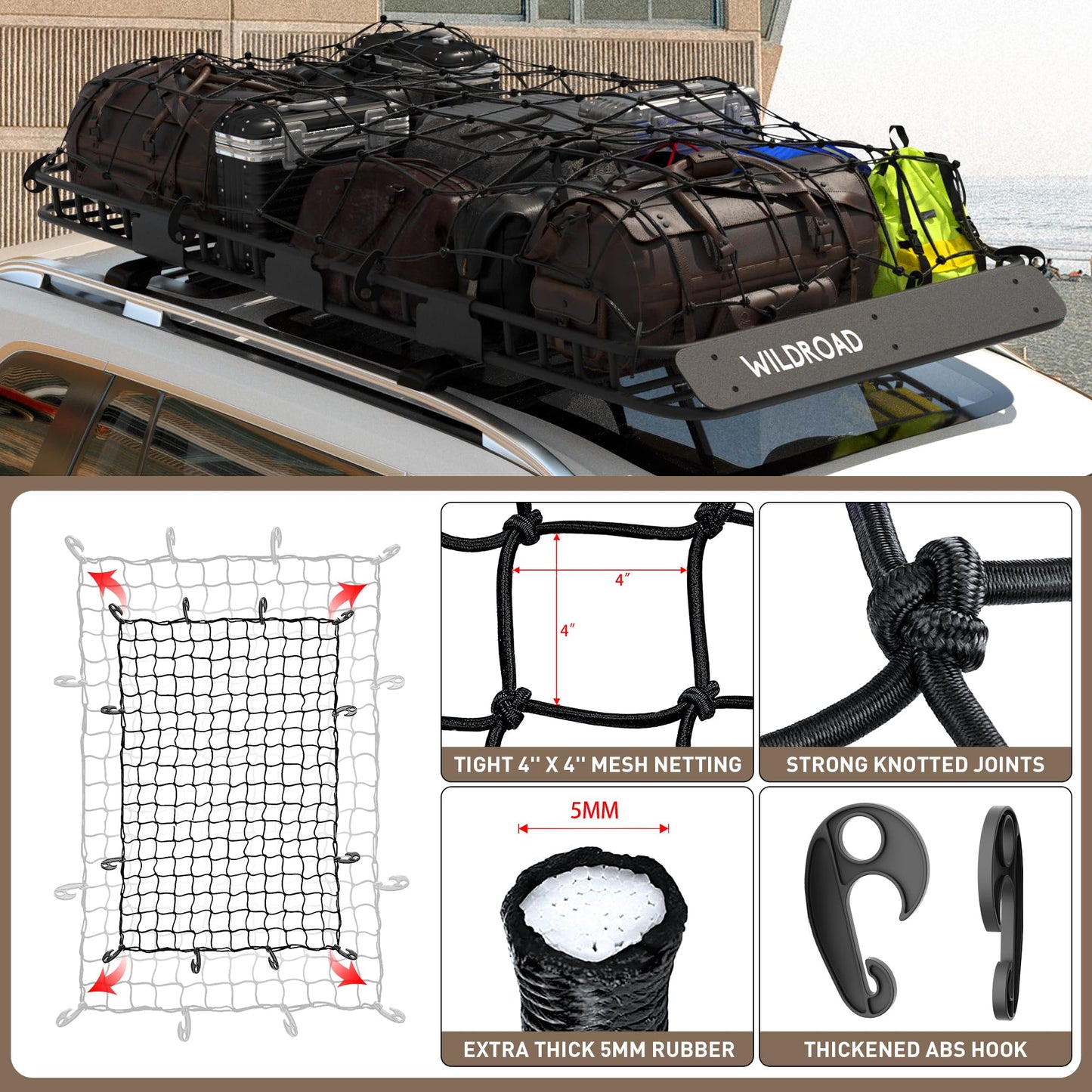 WWILDROAD Car Roof Cargo Carrier Combo of Upgraded 84"x 39"x 4" Roof Rack Cargo Basket, Super Duty Bungee Cargo Net. Universal Car Top Luggage Holder Carrier Basket Fits for SUV Truck Cars