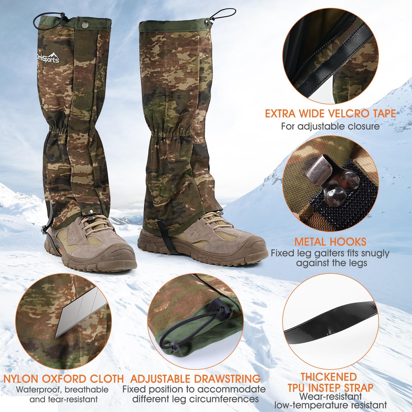 Waterproof Leg Gaiters for Men and Women Adjustable Snow Boot Gaiters for Hiking in Hunting Sand and Mud Mountain Climbing or Snowshoeing (Camo M)
