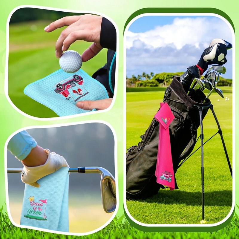 FuWeave 4 Pcs Golf Towels Golf Gifts for Men Women Embroidered Towels Retirement Gift for Dad Mam Grandpa Husband Golfer Party Accessory(Pink, Green,Cute)