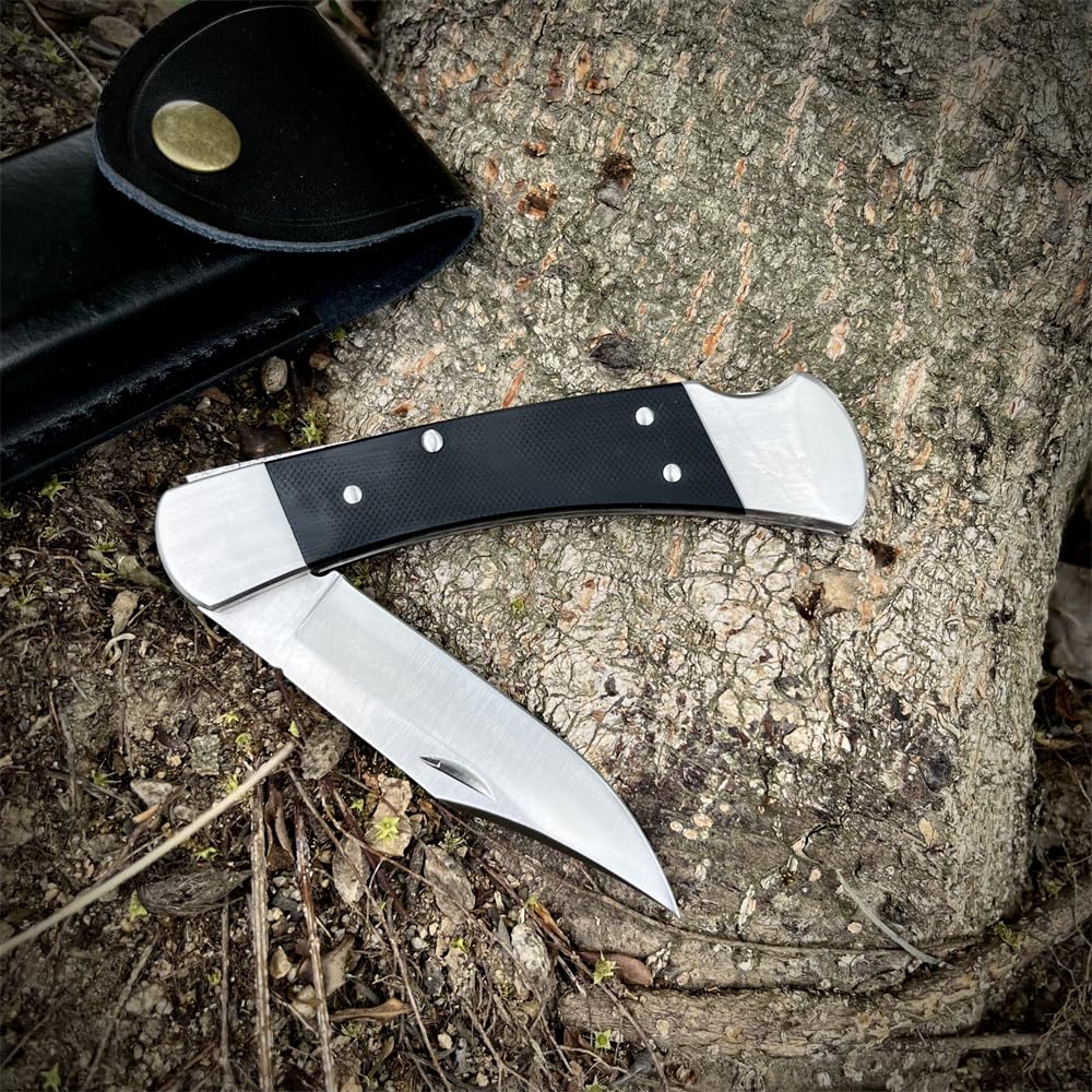 TrailTough 8.54'' Portable Lockback Manual Opening Folding Knife，3.3'' D2 Steel Blade，G10 Handle with Black Leather Sheath，EDC Pocket Knife for Men Women,Sharp Camping Fishing Hiking Knives