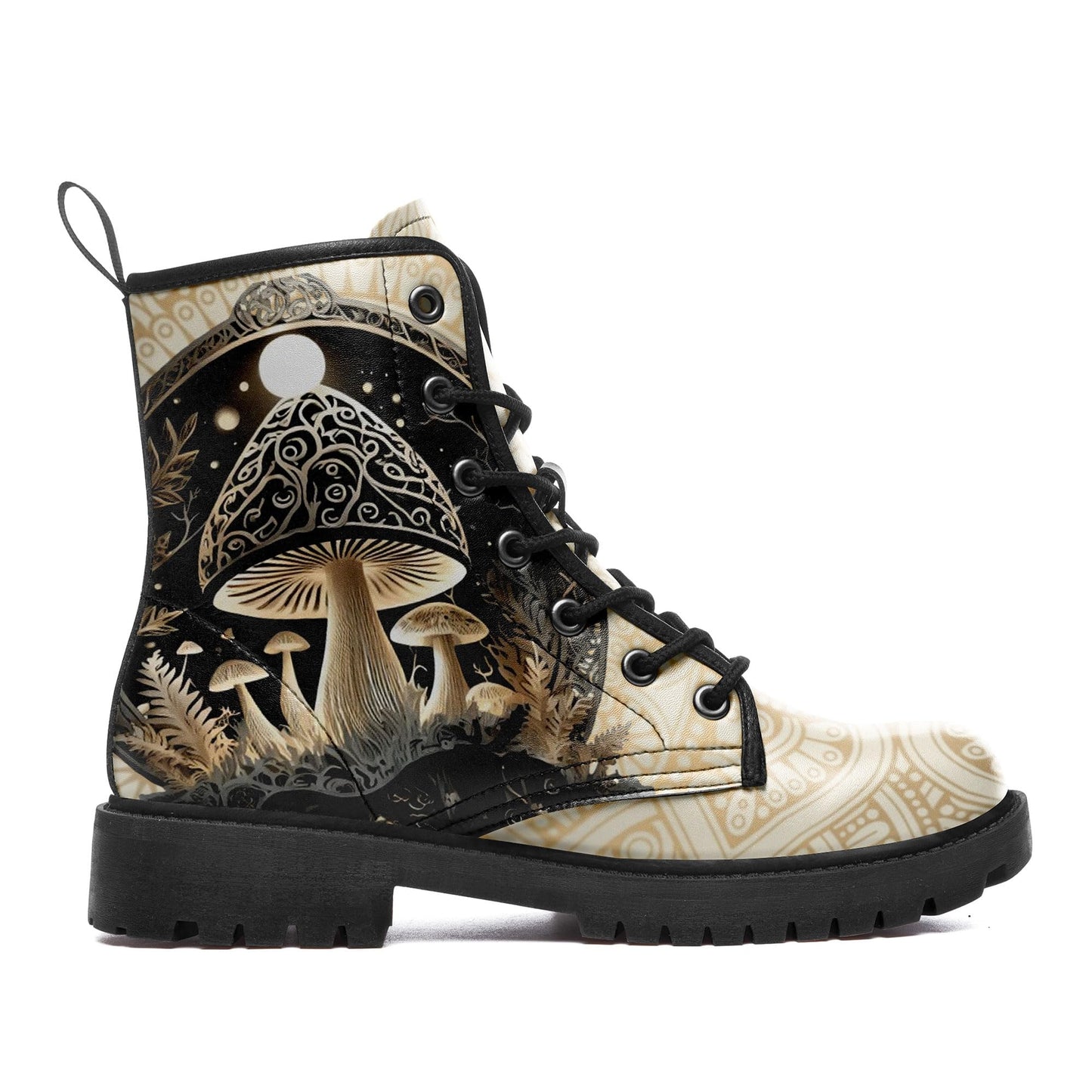 Women's Mid-Calf Combat Boots Leather Lace-Up Booties with Artistic Mushroom and Floral Patterns for Hiking,Daily Wear