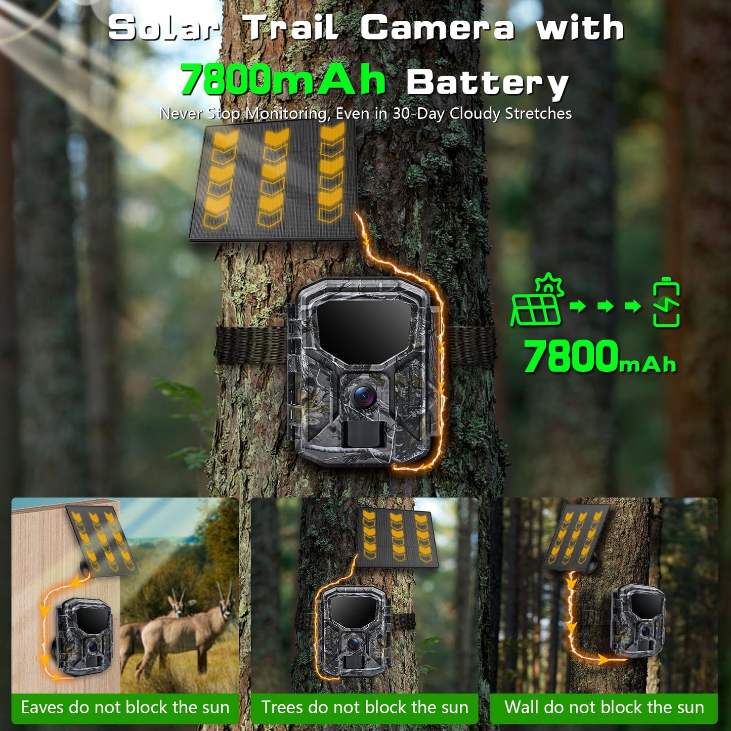 Fargarloo Trail Camera Solar Powered - 2K 60MP WiFi Game Camera, 0.1s Trigger, 7800mAh Forever Power, 65FT Detection, Low Glow Night Vision, IP66 Waterproof, 32GB Included for Wildlife Monitoring
