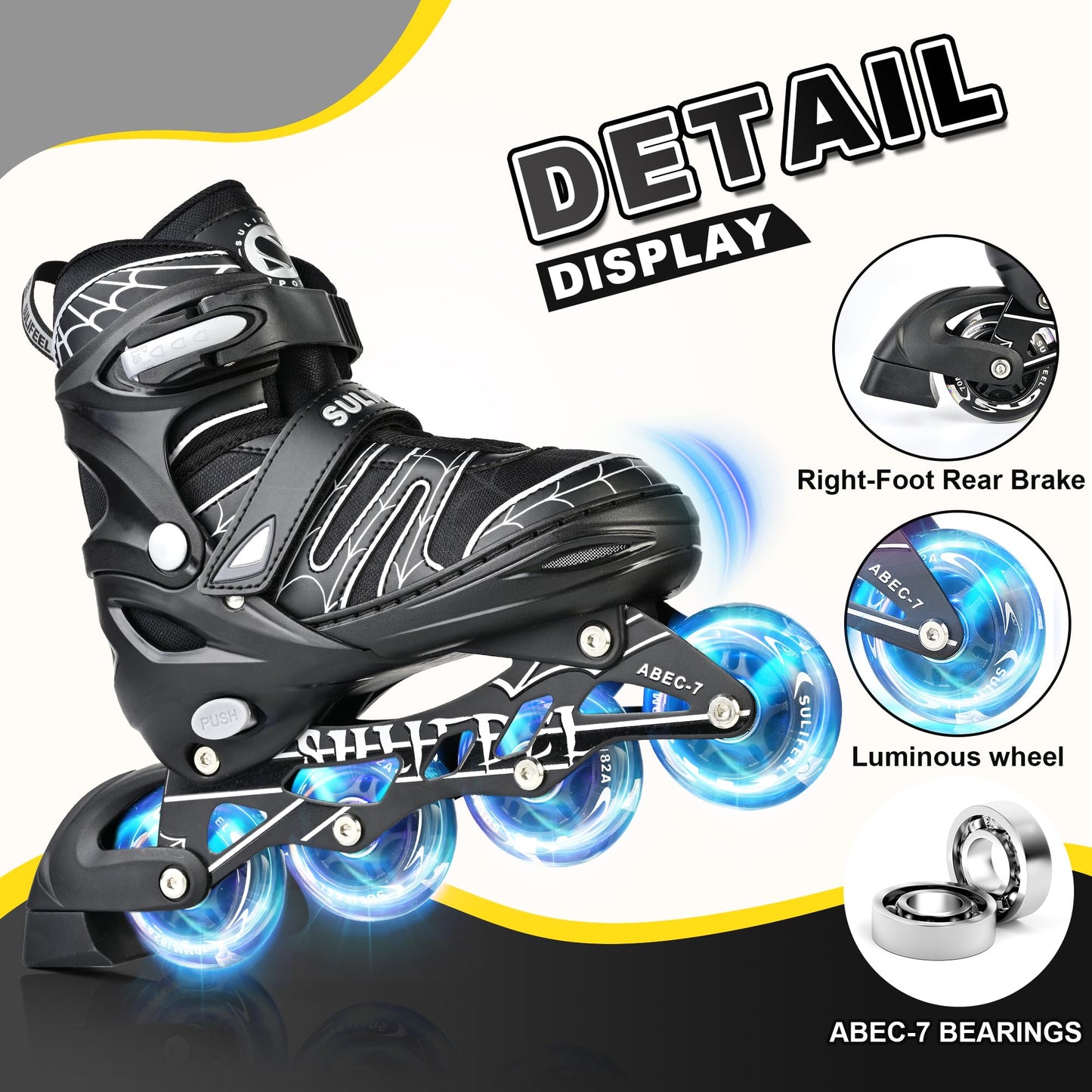 SULIFEEL Inline Skates with Blades for Kids Boys Youth Ages 6-12 8-12 5-8 with Light up Wheels 4 Sizes Adjustable Roller Skates for Beginners Indoor Outdoor Sports