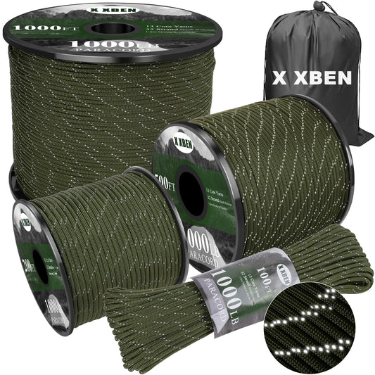 X XBEN Reflective Paracord 1000lb, 50/100/200/500/1000ft 4mm, 13 Strand Parachute Spool Cord, Survival Rope for Camping, Fishing, Hiking, Tent, Clothesline, DIY Crafts & Survival Bracelet, Neon Green