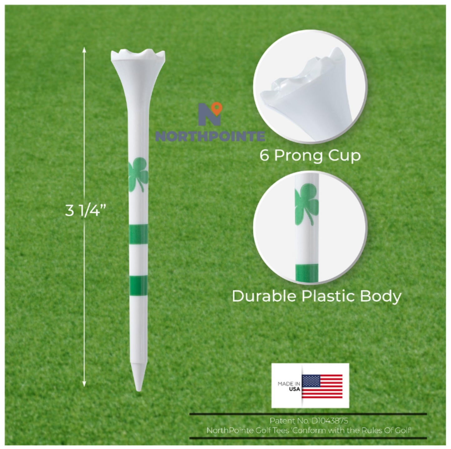 NorthPointe Four Leaf Clover/Shamrock 3 ¼” Plastic Golf Tees – White with Green - 100 Tees in Bulk