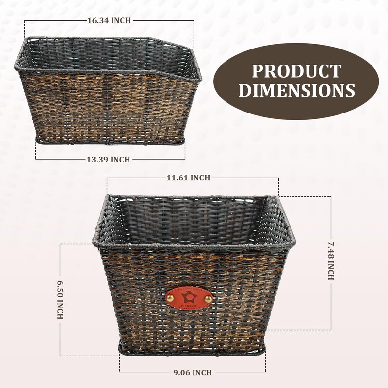 PIREKZUNT Bike Basket Rear, 16"X11.4"X7.4" Natural Rattan Beach Cruiser Bike Rear Basket with Waterproof Cover,Cargo Net, Handmade Woven Rectangular Bicycle Rear Basket for Women's and Mens Cruiser