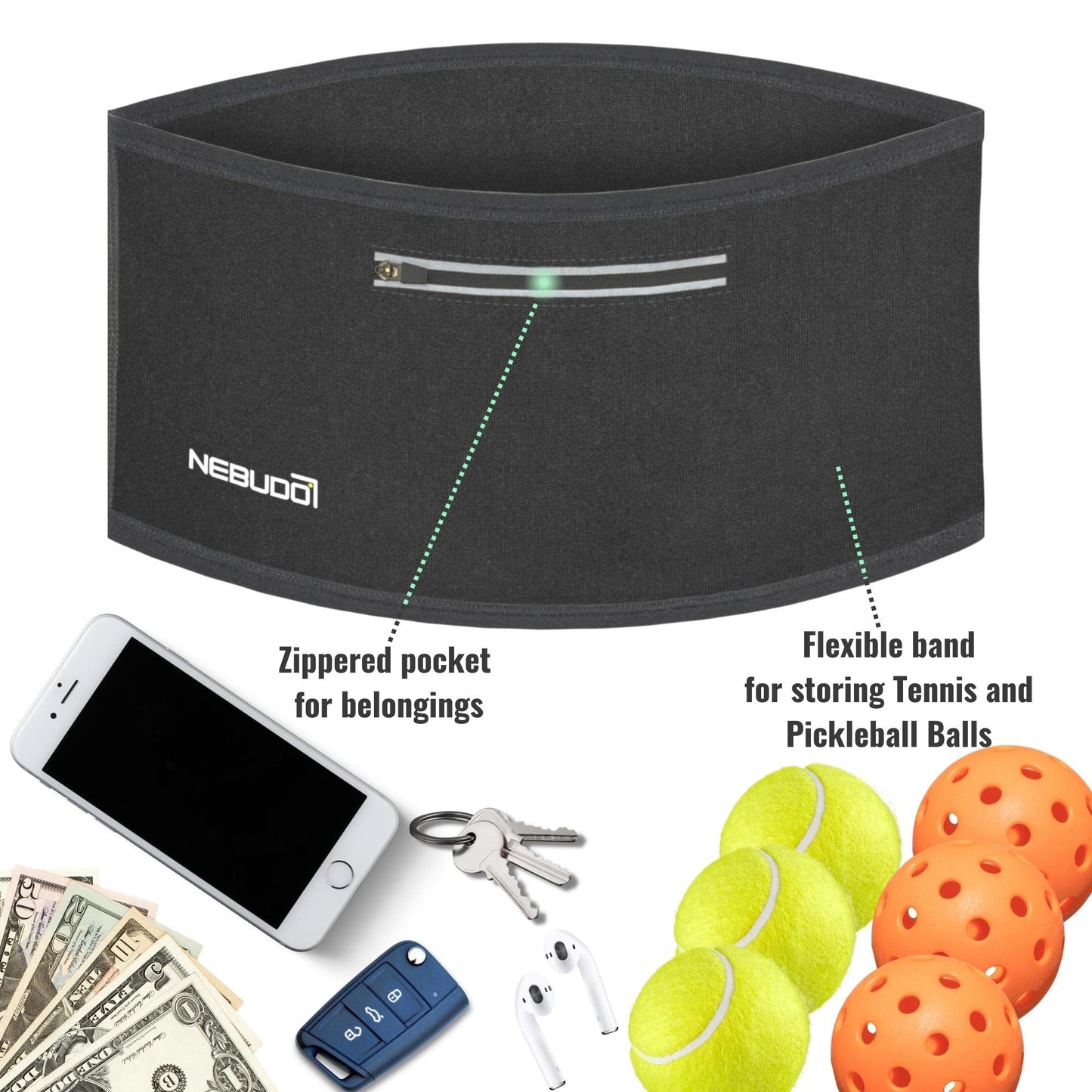 Nebudo Tennis Ball Band Holder Pickleball Tennis Balls Pickleballs Holding Accessory for Women Skirt Men Waist Hip Bags Accessories (S: 29"-32" Flexible Waist)