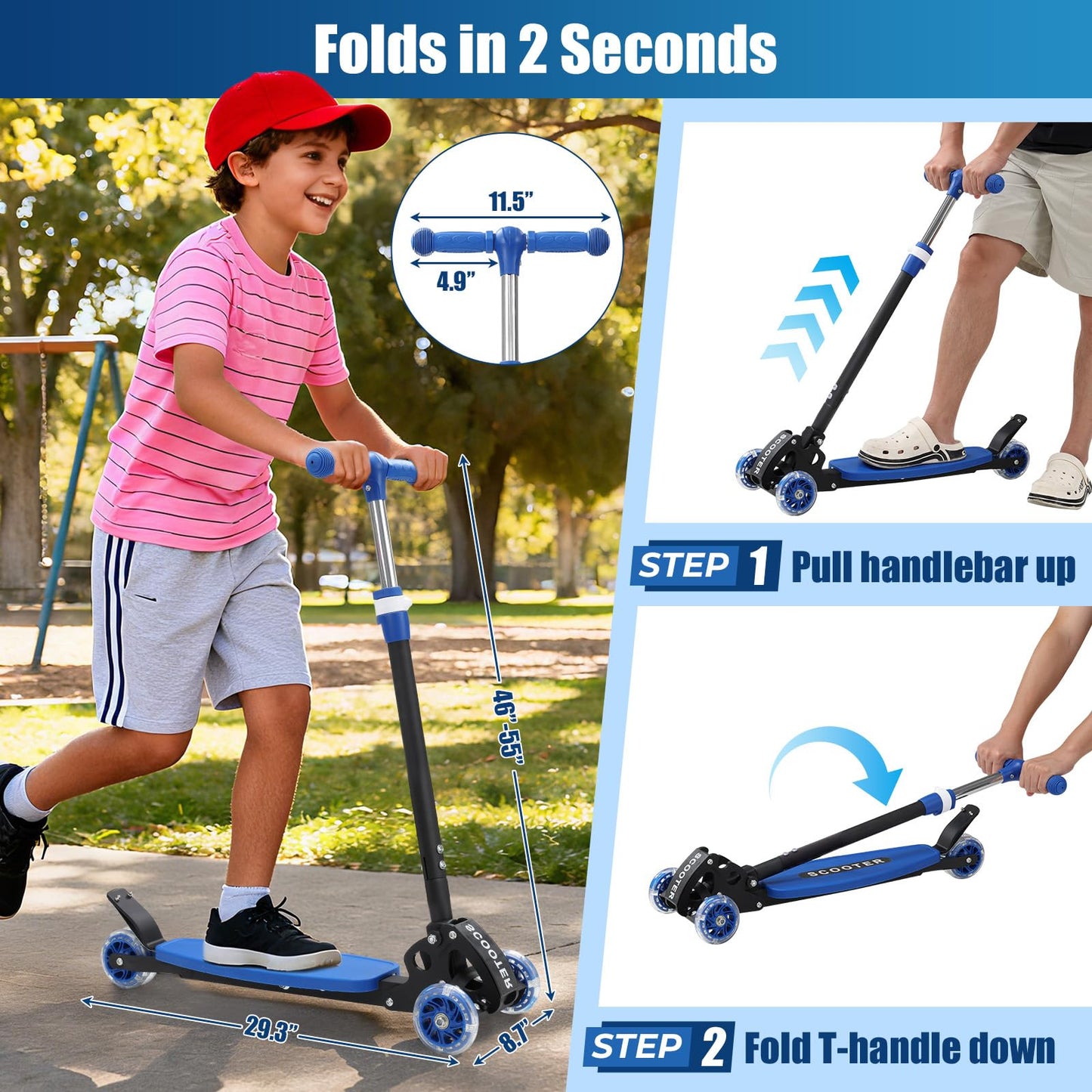 3 Wheel Scooter for Kids Ages 6-12, LED Light-Up Kids Kick Scooter–Portable Foldable, Adjustable Height, Durable Metal Construction, 6" Extra Wide Deck for Outdoor Activities,Child Safety Certified