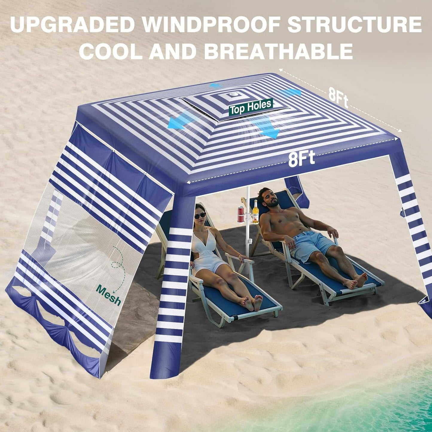 Beach Cabana Tent - 8x8FT UPF50+ Sun Protection | Easy Setup, Wind Resistant, Compact Blue Stripes