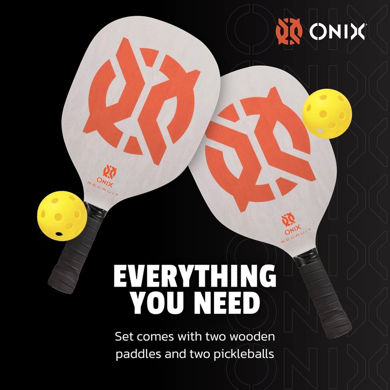 Recruit by ONIX Pickleball Starter Set - Includes Two Poplar Wood Paddles and Two Yellow Balls