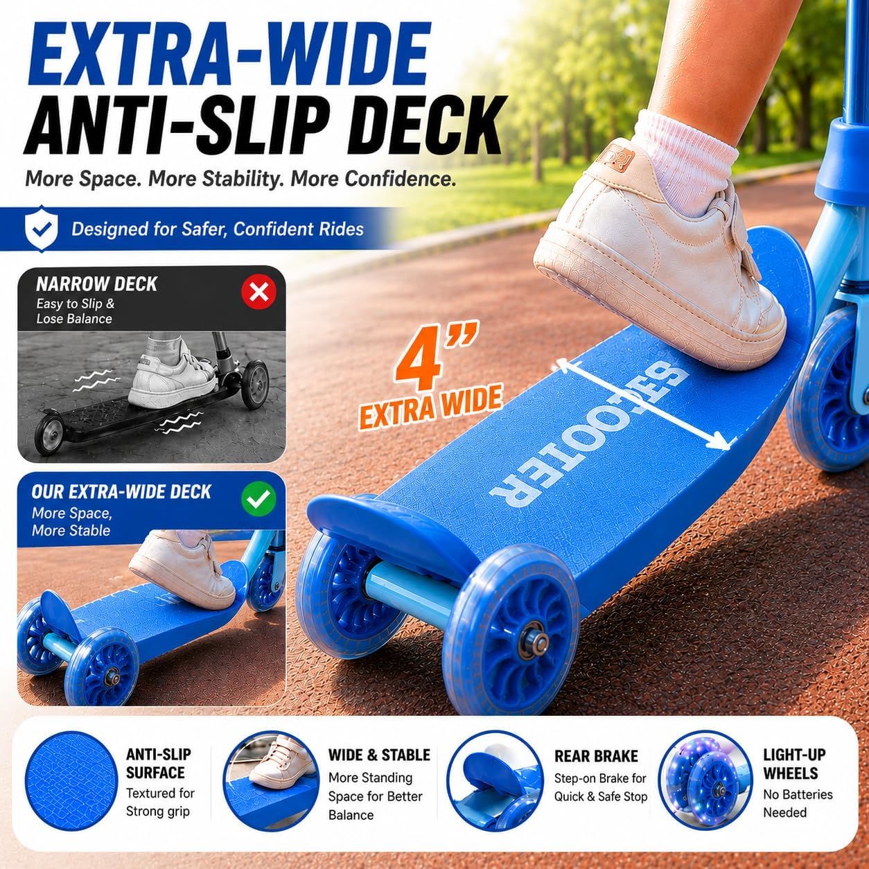 Kids Scooter for Ages 3-7 | Three-Wheel Toddler Kick Scooter with Light-Up Wheels, Adjustable Handlebar & Anti-Slip Deck - Blue