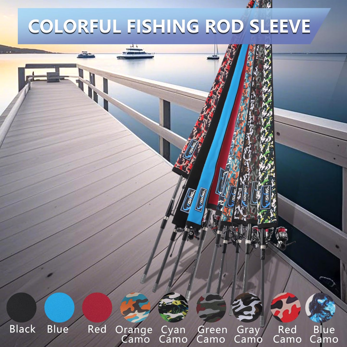 KPEPIX Lightproof Neoprene Fishing Rod Sleeve - Fishing Rod Cover for Storage & Transportation - Puncture Resistant Rod Sock for Casting, Trolling, Spinning Rods (Blue Camo, 58in)