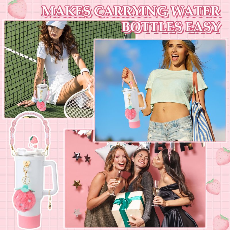 Domensi 6 Pcs Pink Strawberry Accessories Set Compatible with Cup, Pink Water Bottle Handle Strap Tumbler Silicone Straw Cover Charm Strawberry Plush Keychain Gift Decoration