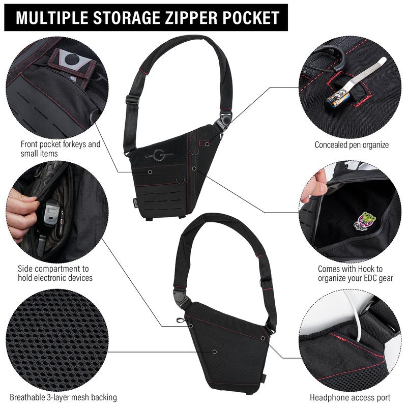 TACTICAL_GEEK Cache L1 Sling Shoulder Bag, Lightweight Multipurpose Daypack, Chest Backpack Casual Shoulder Crossbody for Daily Carry, Outdoor Sports, Hiking, Camping, Trekking, Black Red & Left