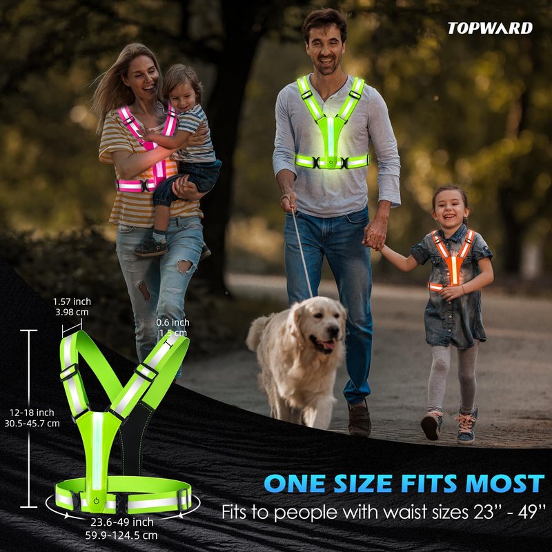 Topward LED Reflective Vest Running Gear, 8 Lights Colors Illuminated, USB-C Rechargeable, High Visibility Safety Vest with Adjustable Waist/Shoulder, Light Up Vest for Night Dog Walking Cycling